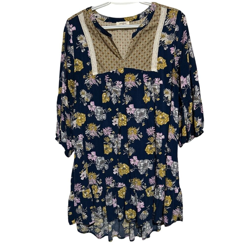 Umgee‎ USA Women's Blue Floral V-Neck Elastic Quarter Sleeve Blouse Size L